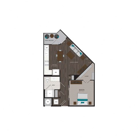 Floor plan for 1 bed, 1 bath, 599 sqft